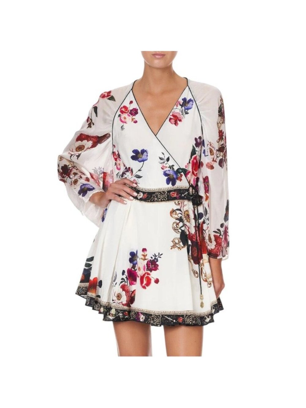 CAMILLA Fairy Godmother Short Wrap Dress Silk Crystals Draped Sleeve Sz S